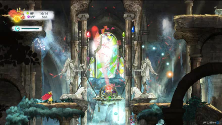 HD desktop wallpaper from 'Child of Light' featuring a mystical scene with a stained glass window and fantasy architecture.