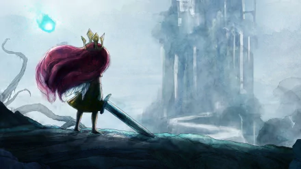 HD wallpaper from Child of Light featuring the game's protagonist with a flowing red cape and sword, standing before a mysterious castle.