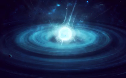 HD Sci-Fi desktop wallpaper depicting a glowing pulsar star surrounded by swirling blue rings in deep space.