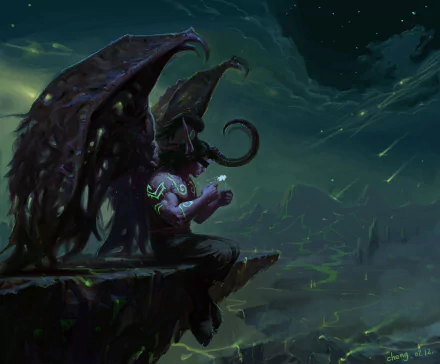 A dramatic 4K Ultra HD wallpaper from World of Warcraft, featuring a mysterious figure with dark wings and intricate details, set against a mystical landscape.