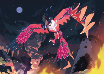 An HD wallpaper featuring Yveltal, the legendary Pokémon, soaring through a night sky amid flames and smoke, embodying the themes of destruction and power from the Pokémon universe.
