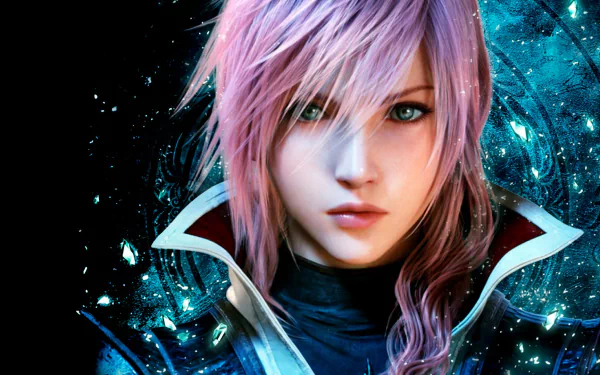 A vibrant HD desktop wallpaper featuring a close-up of a character from Lightning Returns: Final Fantasy XIII, showcasing striking pink hair and piercing blue eyes against a mystical background.