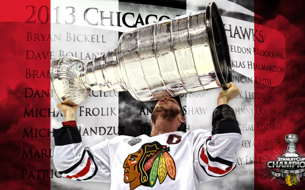 Chicago Blackhawks sports 2K Quad HD PC desktop wallpaper: player in white Blackhawks jersey hoists the Stanley Cup over a red-and-black backdrop with championship text