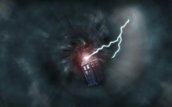 A dynamic HD wallpaper featuring the TARDIS surrounded by a swirling vortex and lightning, inspired by the iconic TV show Doctor Who (2005).