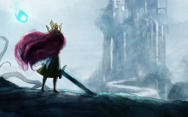 HD wallpaper from Child of Light featuring the game's protagonist with a flowing red cape and sword, standing before a mysterious castle.