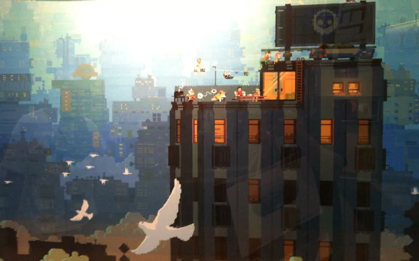 HD desktop wallpaper featuring a stylized building from the game Transistor with a pixel-art cityscape background and birds in flight.