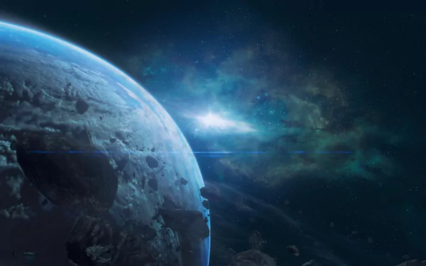A stunning HD desktop wallpaper featuring a vibrant planet surrounded by cosmic elements and a meteor, embodying a captivating sci-fi atmosphere.