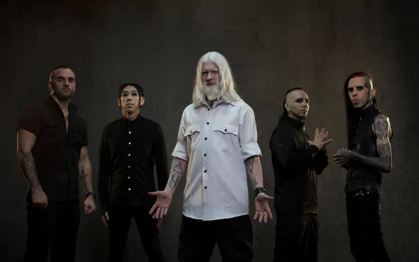 Gemini Syndrome band members posing for an HD desktop wallpaper with a dark, moody backdrop.