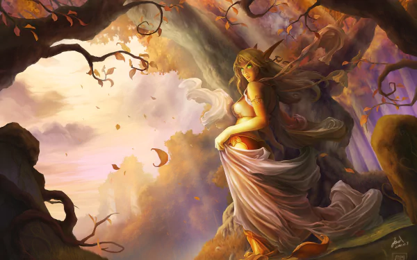 A captivating HD desktop wallpaper inspired by World of Warcraft, featuring a mystical figure amidst an enchanting autumn landscape with soft light and fluttering leaves.