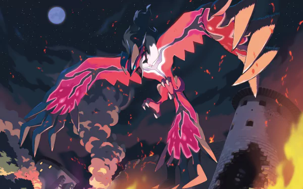 An HD wallpaper featuring Yveltal, the legendary Pokémon, soaring through a night sky amid flames and smoke, embodying the themes of destruction and power from the Pokémon universe.