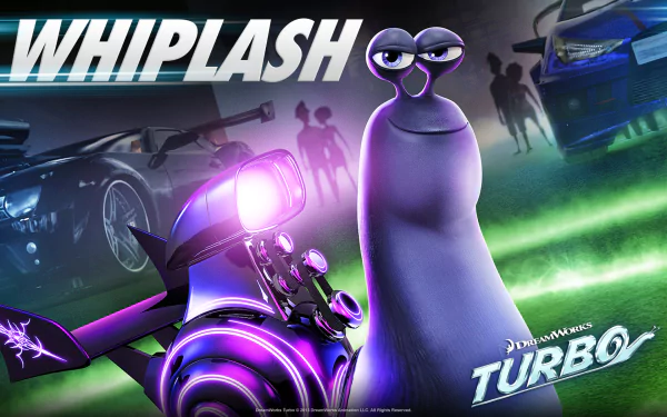 HD PC desktop wallpaper featuring Turbo, the animated snail from the movie Turbo, alongside a glowing purple racing shell and fast cars in the background.