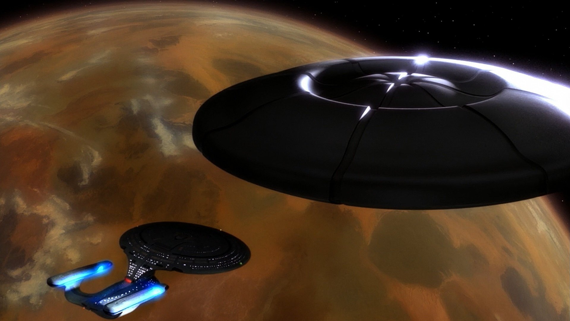 Star Trek: The Next Generation TV show HD PC desktop wallpaper: two Federation starships, one saucer-shaped, hovering above a brown, clouded planet against a deep-space backdrop.