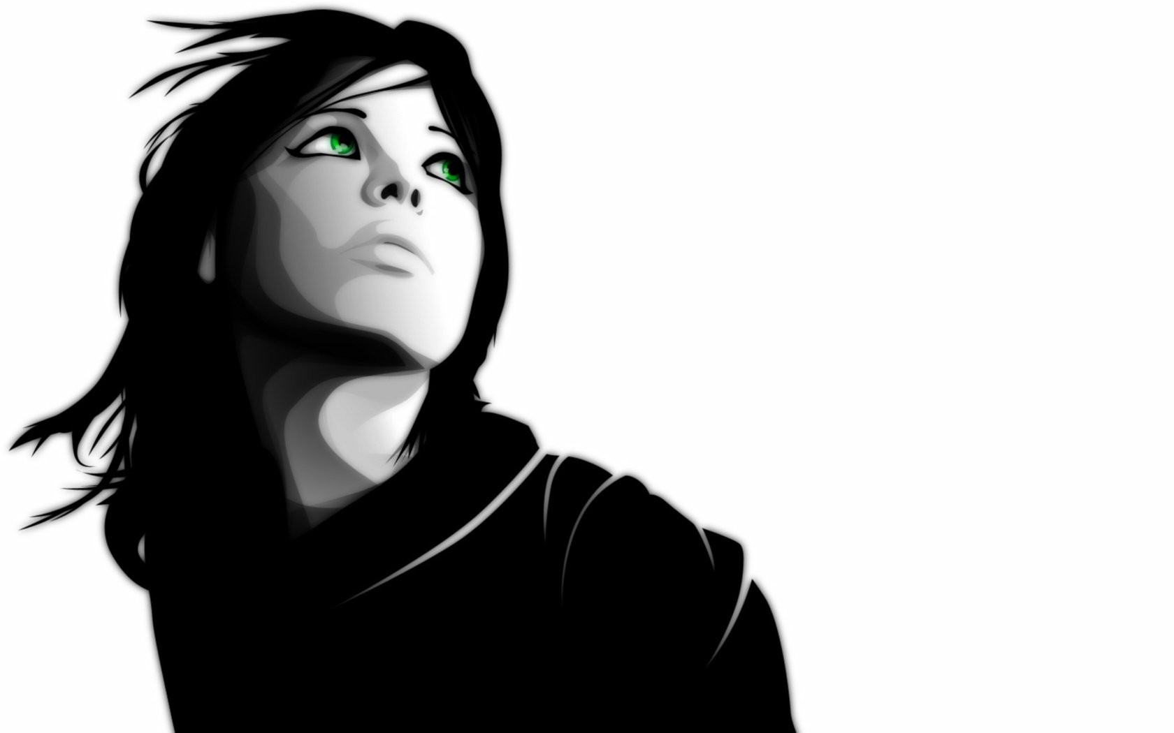 A striking artistic depiction of a woman with green eyes, gazing upwards against a minimalistic background, creates an engaging HD desktop wallpaper.