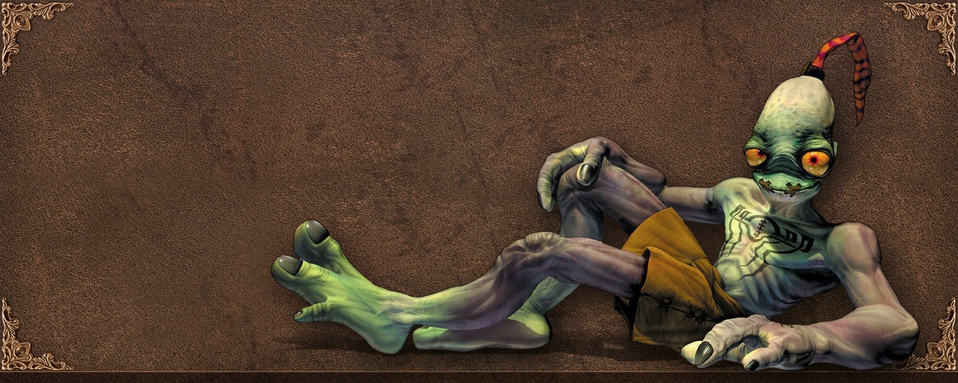 HD PC desktop wallpaper from the video game Oddworld: a reclining green Mudokon with long limbs and tattered shorts against a textured brown background.