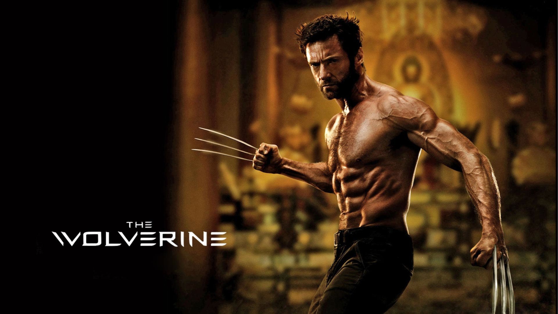 HD PC desktop wallpaper from the movie The Wolverine: shirtless, muscular Wolverine poised with extended claws in a dim, ornate temple setting, movie logo visible at lower-left.