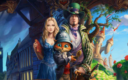 HD desktop wallpaper featuring characters from the movie Puss in Boots, including Puss in Boots, a woman in a blue dress, and a man in a green outfit with a top hat, set against a vibrant, fairy-tale background.