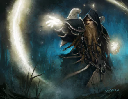 HD PC desktop wallpaper featuring a powerful mage casting a glowing spell from the video game World of Warcraft in a dark, mystical environment.