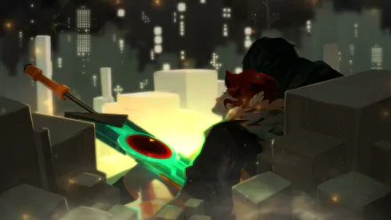 HD PC desktop wallpaper featuring a scene from the video game Transistor, showcasing the character with a glowing sword against a futuristic cityscape backdrop.