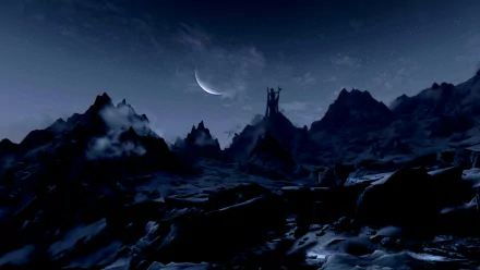 A stunning HD desktop wallpaper from The Elder Scrolls V: Skyrim, featuring a dark, moonlit landscape with towering mountains and an ominous castle silhouette in the distance.