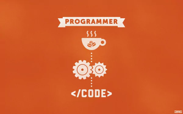 HD desktop wallpaper featuring a creative design with the word PROGRAMMER, a steaming cup, gears, and the tag </CODE> over an orange background, emphasizing technology and programming.