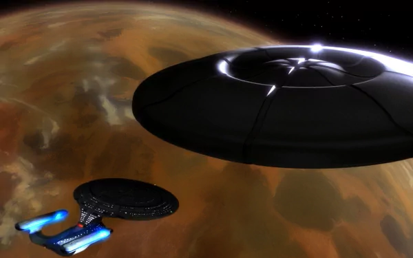 Star Trek: The Next Generation TV show HD PC desktop wallpaper: two Federation starships, one saucer-shaped, hovering above a brown, clouded planet against a deep-space backdrop.