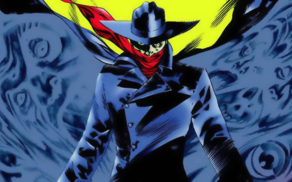 Comic-style HD PC desktop wallpaper/background of The Shadow: masked figure in wide-brim hat and trench coat, red scarf billowing against a yellow sky with swirling ghostly faces.