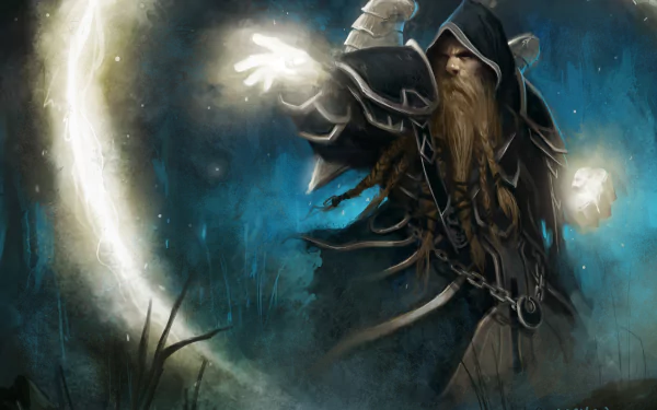 HD PC desktop wallpaper featuring a powerful mage casting a glowing spell from the video game World of Warcraft in a dark, mystical environment.