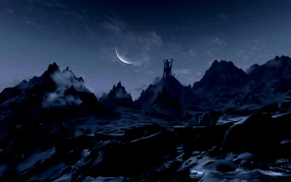 A stunning HD desktop wallpaper from The Elder Scrolls V: Skyrim, featuring a dark, moonlit landscape with towering mountains and an ominous castle silhouette in the distance.