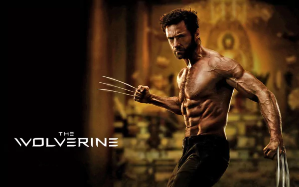 HD PC desktop wallpaper from the movie The Wolverine: shirtless, muscular Wolverine poised with extended claws in a dim, ornate temple setting, movie logo visible at lower-left.