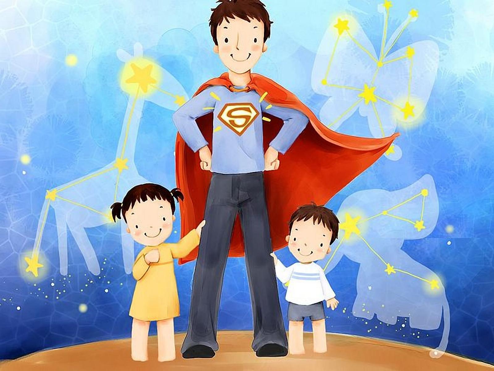 HD desktop wallpaper for Father's Day featuring an animated superhero dad with two children against a starry background.