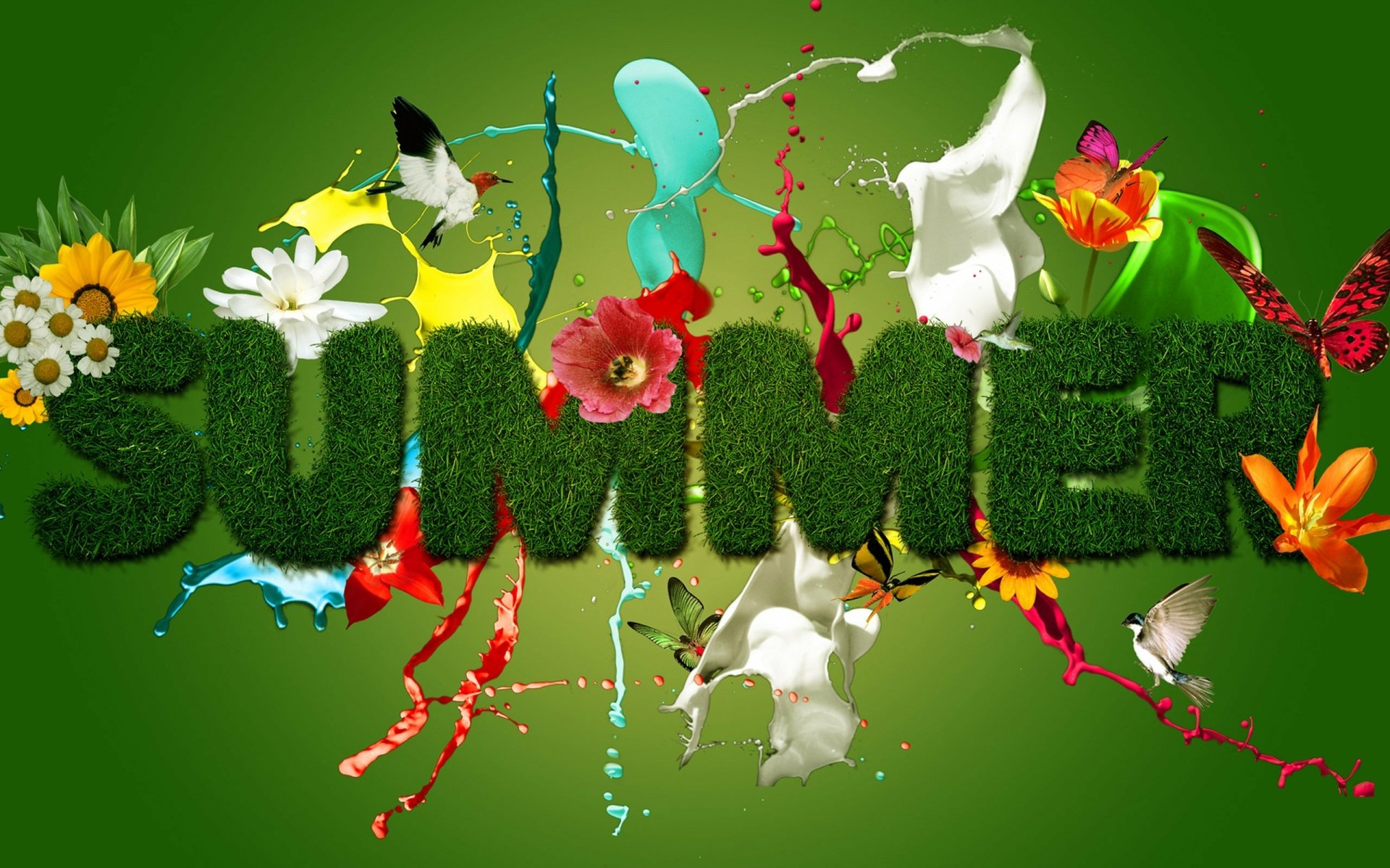 HD desktop wallpaper featuring the word SUMMER decorated with vibrant flowers and splashes of color on a green background.