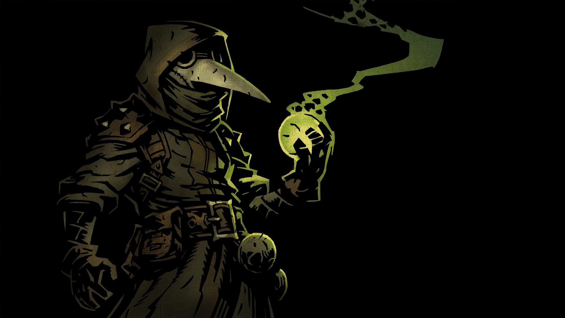 HD PC desktop wallpaper featuring a dark, eerie character from the video game Darkest Dungeon holding a glowing skull enveloped in smoke.
