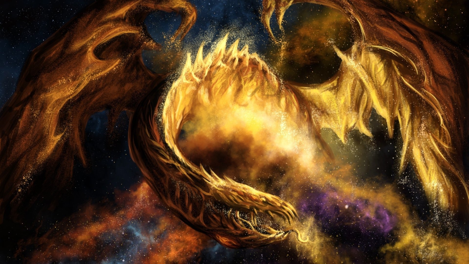HD desktop wallpaper featuring a majestic golden dragon amidst a cosmic backdrop, embodying the essence of fantasy.