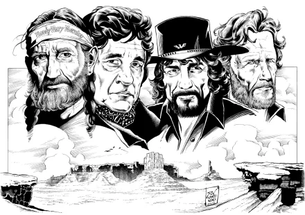 Black-and-white HD PC desktop wallpaper: illustrated portrait of four rugged country musicians above a desert mesa, music-themed desktop background.