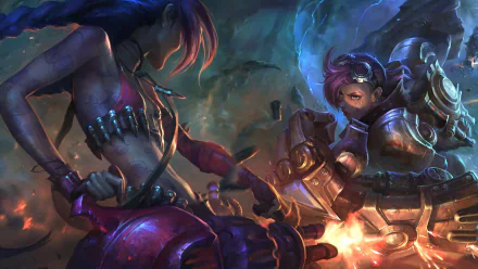 HD desktop wallpaper featuring Vi and Jinx from League of Legends in an intense battle scene, set against a chaotic, fiery backdrop.