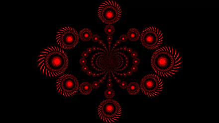 HD PC desktop wallpaper: red abstract digital-art kaleidoscope of concentric circular bursts on a black background, symmetrical fractal pattern forming a central mirrored motif.
