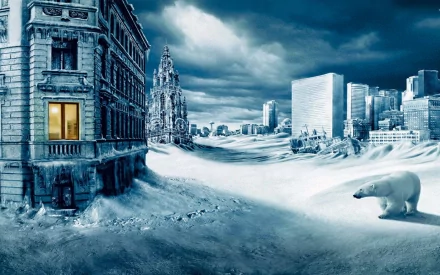 HD desktop wallpaper and background featuring a polar bear in a post-apocalyptic sci-fi cityscape, with snow-covered buildings and a dramatic cloudy sky.