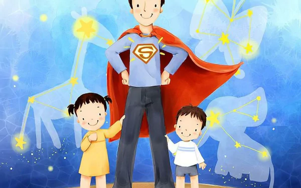 HD desktop wallpaper for Father's Day featuring an animated superhero dad with two children against a starry background.