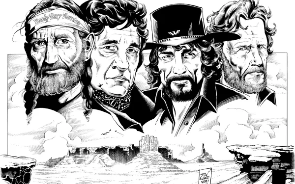 Black-and-white HD PC desktop wallpaper: illustrated portrait of four rugged country musicians above a desert mesa, music-themed desktop background.