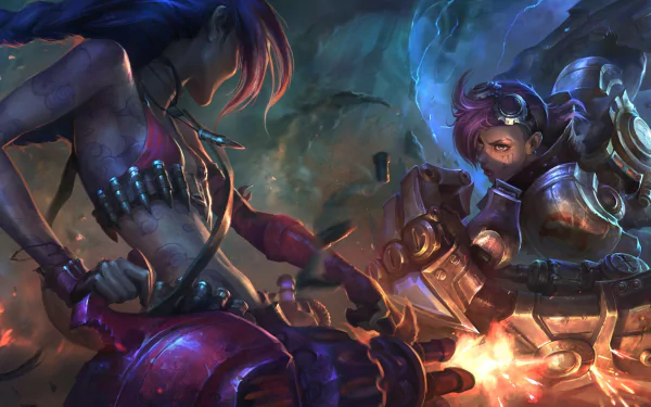 HD desktop wallpaper featuring Vi and Jinx from League of Legends in an intense battle scene, set against a chaotic, fiery backdrop.