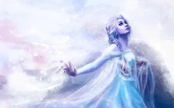 HD desktop wallpaper featuring Elsa from the movie Frozen, showcasing her in a serene, magical pose with an ethereal, snowy background.