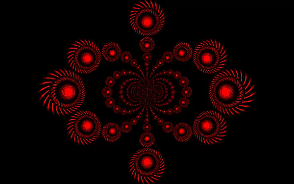 HD PC desktop wallpaper: red abstract digital-art kaleidoscope of concentric circular bursts on a black background, symmetrical fractal pattern forming a central mirrored motif.