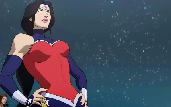 Wonder Woman from the movie Justice League: War poses hands on hips against a starry night sky, HD PC desktop wallpaper/background.