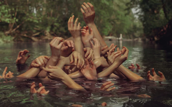 A striking artistic image featuring numerous outstretched hands emerging from a tranquil water surface, set against a lush green background, making a captivating HD desktop wallpaper.