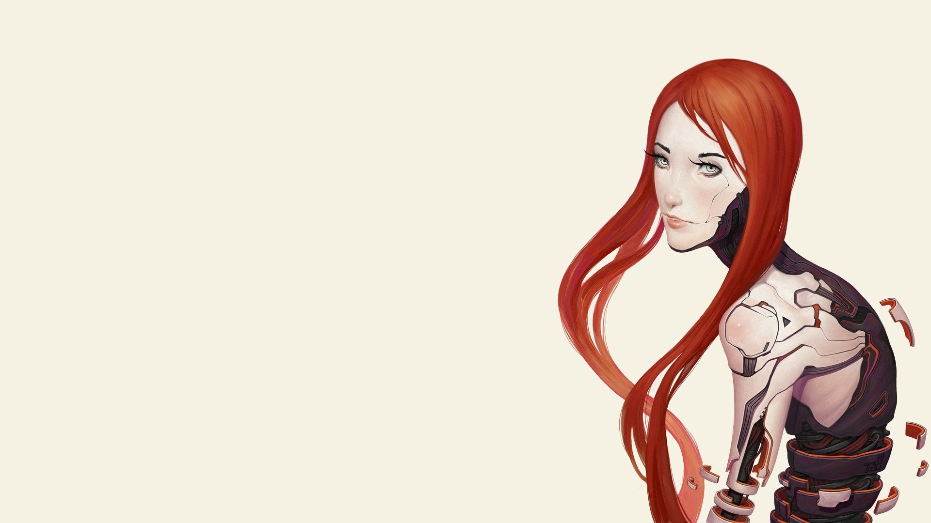 HD PC desktop wallpaper and background — sci‑fi cyborg woman with flowing red hair and exposed mechanical torso on a pale backdrop, positioned to the right.