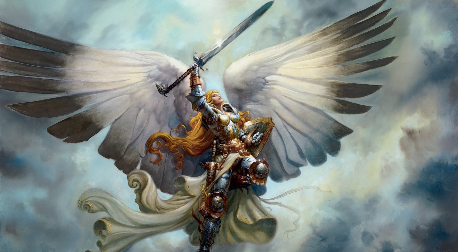 A blonde angel warrior in armor wields a sword, soaring with majestic wings against a cloudy backdrop, embodying Serra from Magic: The Gathering. A striking HD desktop wallpaper.