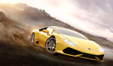 Yellow sports car kicking up dust on a dirt road in a scenic landscape from the video game Forza Horizon 2, shown as an HD PC desktop wallpaper.