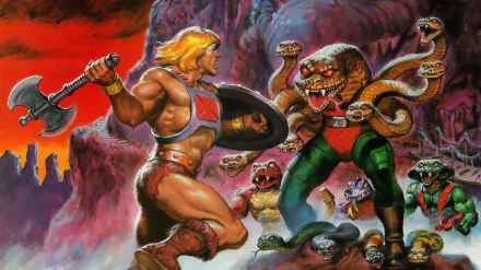 HD PC desktop wallpaper featuring a dynamic comic scene from He-Man and the Masters of the Universe, showing He-Man battling monstrous snake-like creatures.