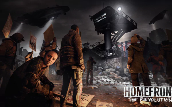 HD PC desktop wallpaper from the video game Homefront: The Revolution, depicting a group of resistance fighters in a dark, war-torn urban environment with watchtowers and drones above.
