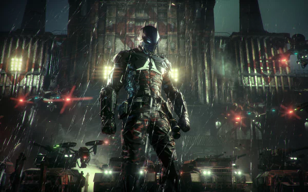 A dynamic HD wallpaper featuring Jason Todd in armored attire from DC Comics' Batman: Arkham Knight, set against a dramatic night backdrop with looming structures and vehicles.